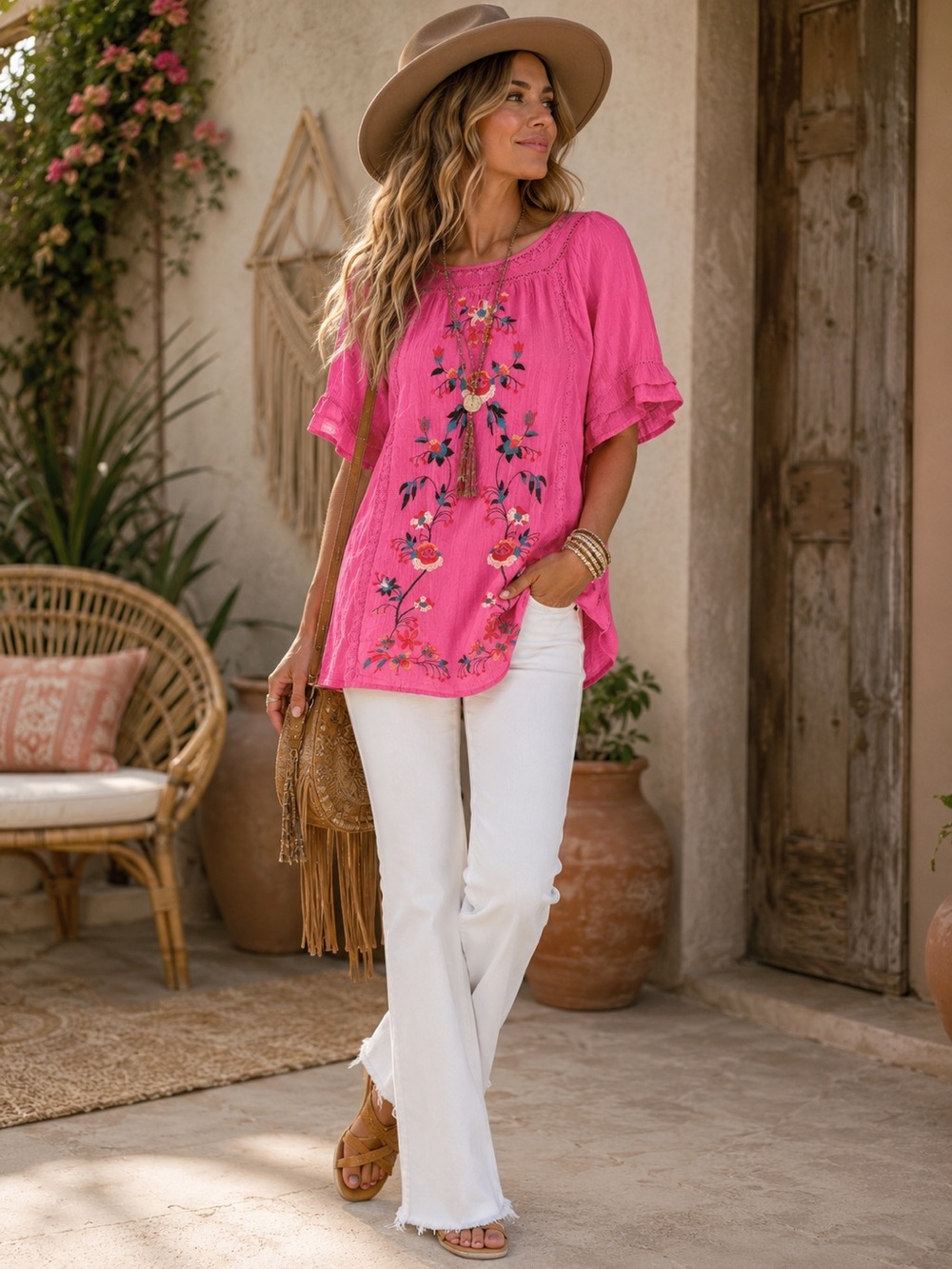 Umgee Women’s Top Hot Pink Floral Embroidery Eyelet Lace Short Sleeve Size Large - Picture 2 of 15